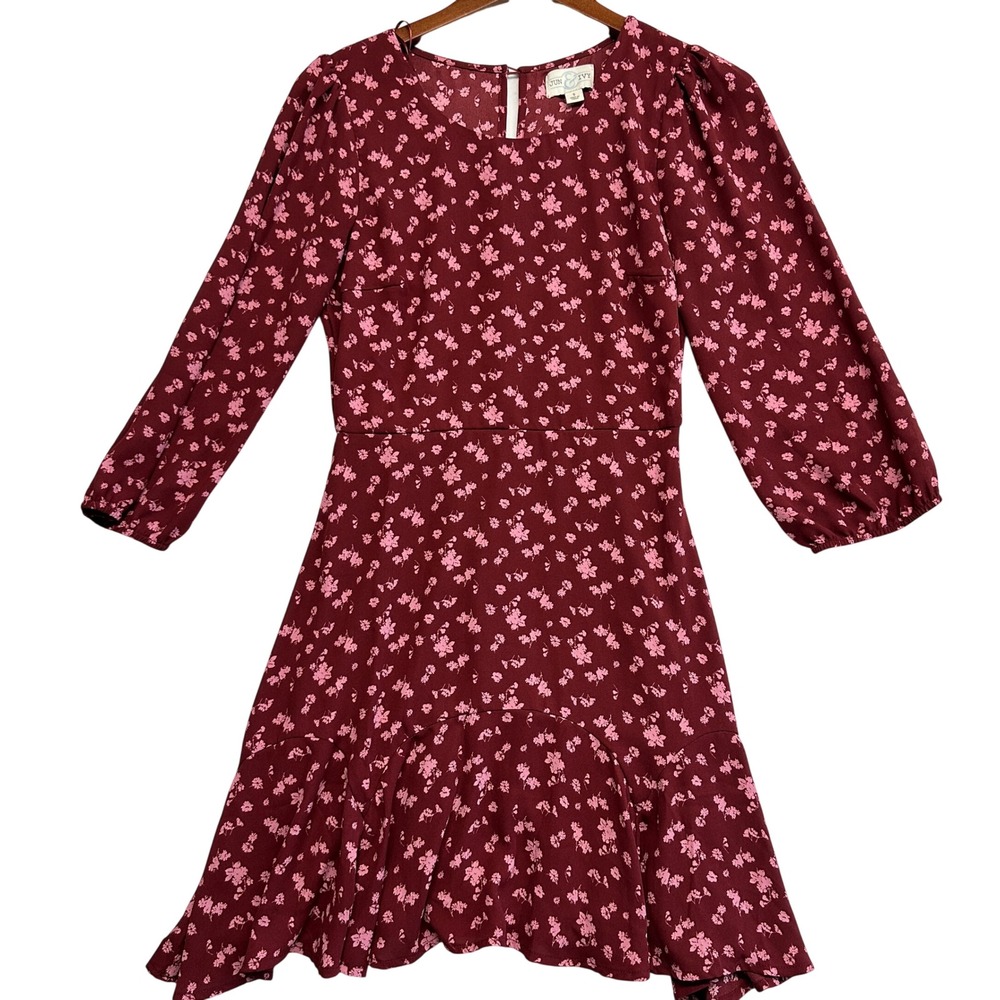 Jun & Ivy Francescas Burgundy Pink Floral Ruffle Mini Dress Small 26X192BVXD